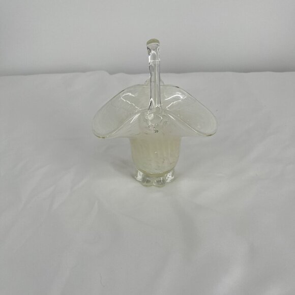 Vintage Clear Glass White Confetti Hand Blown Basket with Handle - Picture 5 of 5